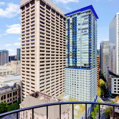 Stunning city view from one of the home's private balconies Tower 801 in Seattle, Washington