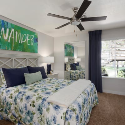 Cute bedroom with ceiling fan at Crestone at Shadow Mountain in Phoenix, Arizona