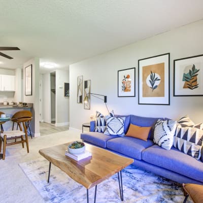 Modern style sofa with side tables and plant at Terra Apartment Homes in Federal Way, Washington