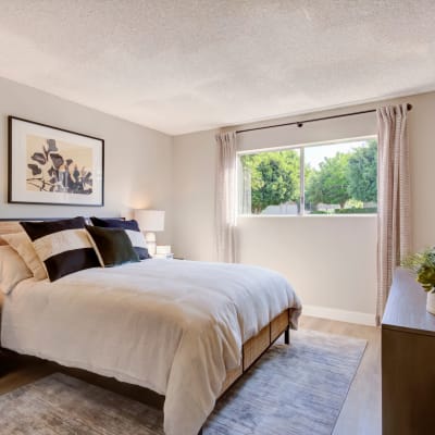 Spacious and light-filled bedroom in a model unit at Terra Camarillo in Camarillo, California