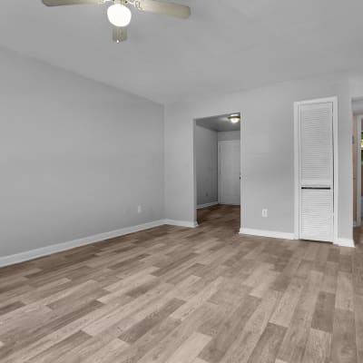 Wood flooring in a spacious apartment bedroom at Stanton View Apartments in Atlanta, Georgia