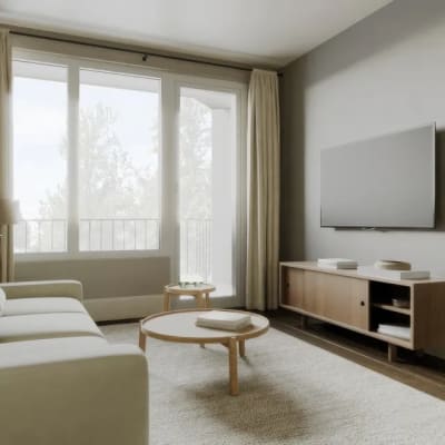 A rendering of a model apartment living room at Chandler Residences in Roswell, Georgia