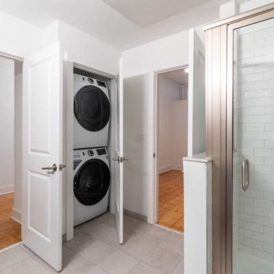 A stacked washer and dryer at Landmark at Marshall Broad in Richmond, Virginia