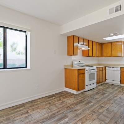 Wood flooring in a kitchen at Miramar Townhomes in San Diego, California