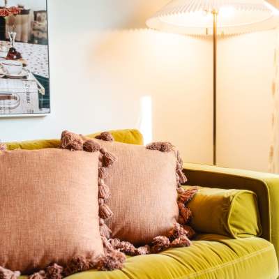 styled couch at Channel House in Raleigh, North Carolina