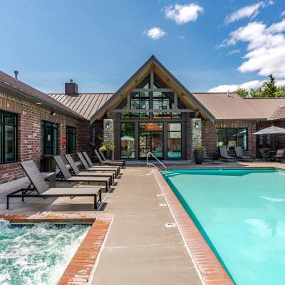 Sparkling pool at night at Avery at Orenco Station in Hillsboro, Oregon