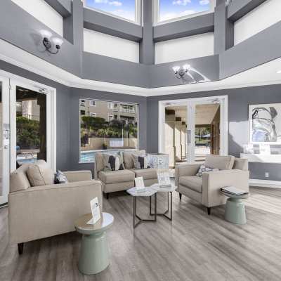 Beautifully architected resident clubhouse interior at Sofi Canyon Hills in San Diego, California