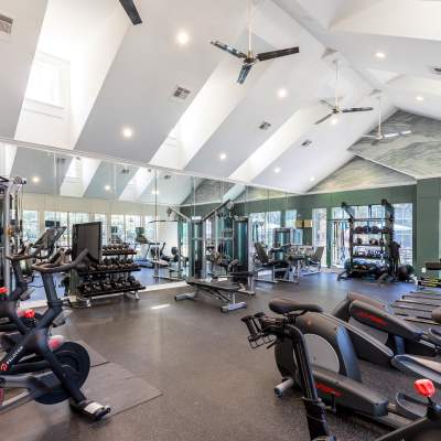 Nice fitness center with cardio machines and medicine balls at Greenwood Plaza in Centennial, Colorado