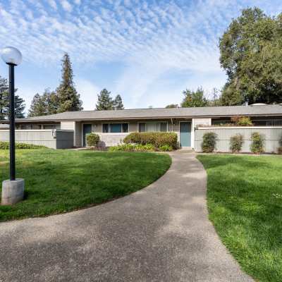 Exterior walkways with peaceful greenery at Sofi Fremont in Fremont, California