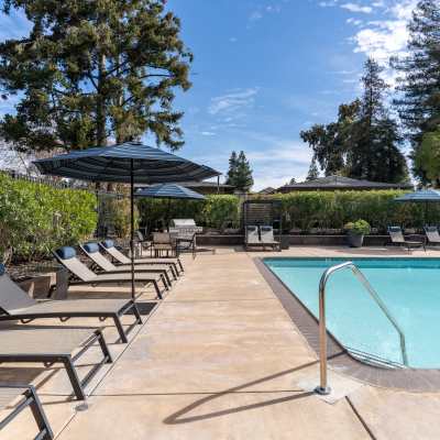 Lounge chairs just outside of the swimming pool on a sunny day at Sofi Fremont in Fremont, California