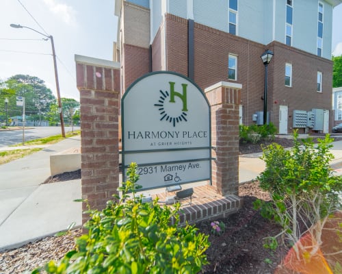 Exterior sign at Harmony Place in Charlotte, North Carolina