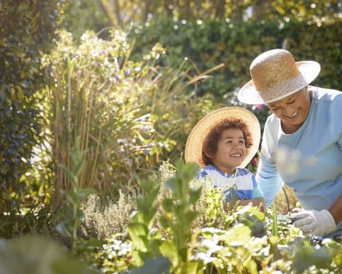 Resident and her granddaughter enjoying gardening together at Belvedere at Berewick in Charlotte, North Carolina