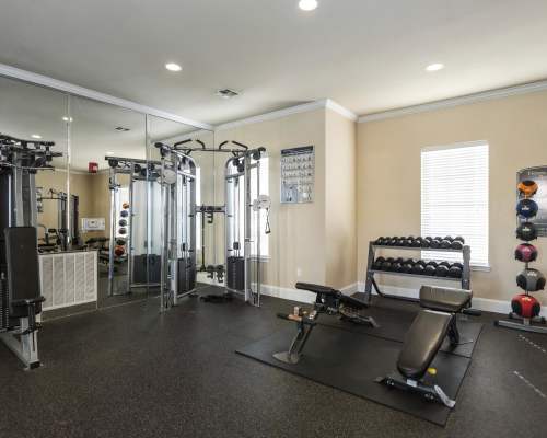 Well-equipped fitness center at Northchase Village in Houston, Texas