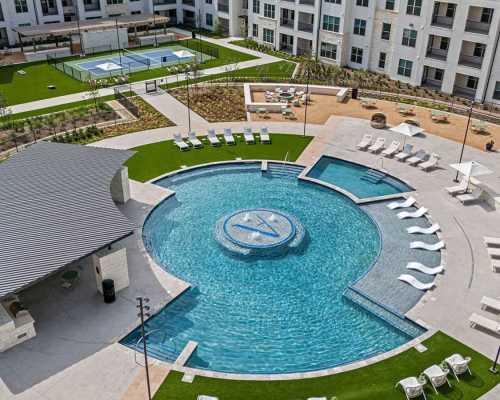 Aerial view of the pool at Arden at Kohlers Crossing in Kyle, Texas