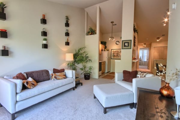 Natural light and white furniture in a living room at Legends Fox Creek in Clarkston, Michigan