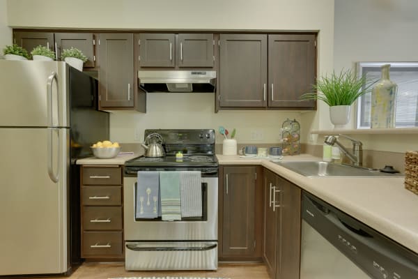 Brown renovated kitchen with stainless steel appliances at The Landings at Morrison Apartments in Gresham, OR