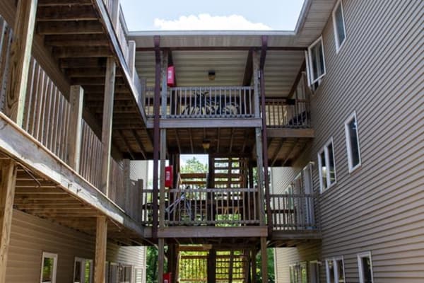 Stairways to apartments at Stone Court in Ames, Iowa
