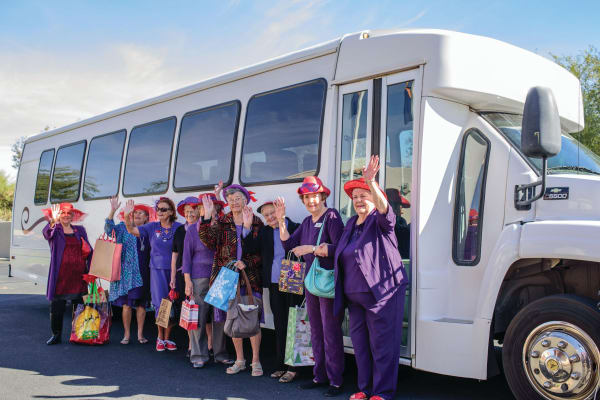 Residents waiting outside the community bus at The Palms at La Quinta Assisted Living and Memory Care in La Quinta, California