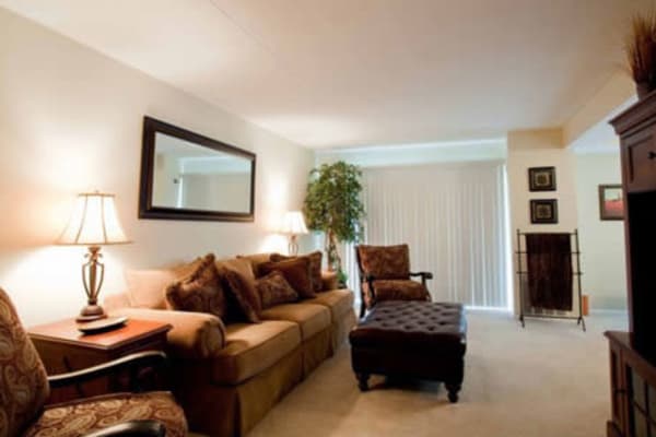 Furnished living room in model home at Willowbrook Apartments in Jeffersonville, Pennsylvania