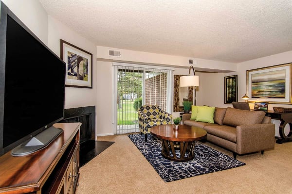 Furnished living room in model home at The Preserve at Milltown in Downingtown, Pennsylvania
