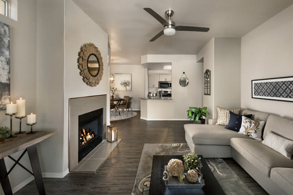 Living room with gas-fueled fireplace at Bellagio in Scottsdale, Arizona