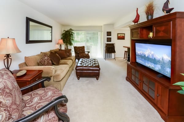 Furnished living room in model home at Willowbrook Apartments in Jeffersonville, Pennsylvania