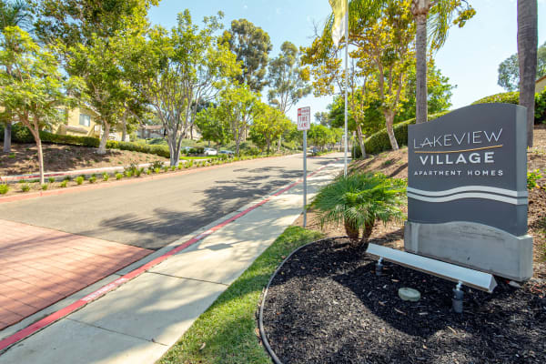 monument sign and and entryway to Lakeview Village Apartments in Spring Valley