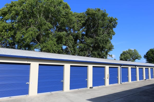 Storage units with purple doors at Midgard Self Storage in Springfield, Tennessee