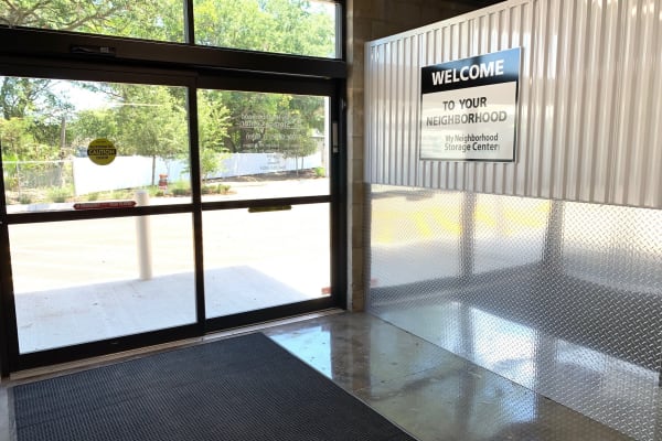 Front doors leading into My Neighborhood Storage Center in Jacksonville, Florida