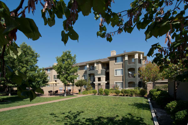 Apartment walkway surrounded by a lush landscape at Cross Pointe Apartment Homes in Antioch, California