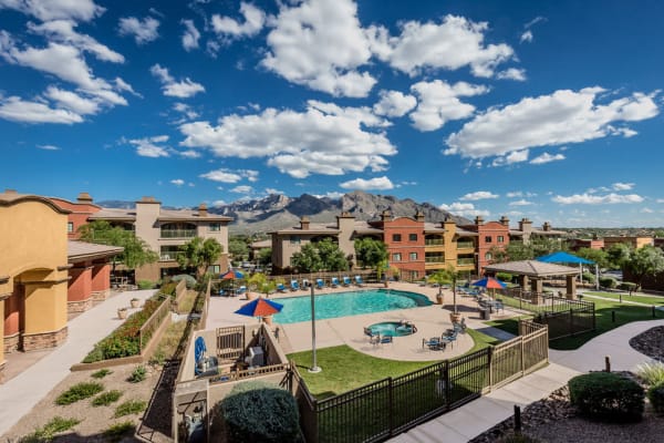 Aerial view of the pool area at Oro Vista Apartments in Oro Valley, Arizona