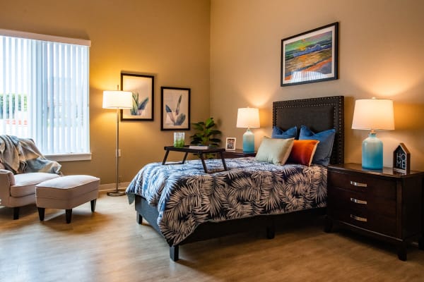 Bedroom at Seasons Memory Care at Rolling Hills in Torrance, California