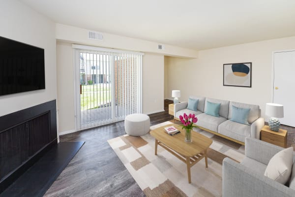 Furnished living room in model home at The Preserve at Milltown in Downingtown, Pennsylvania