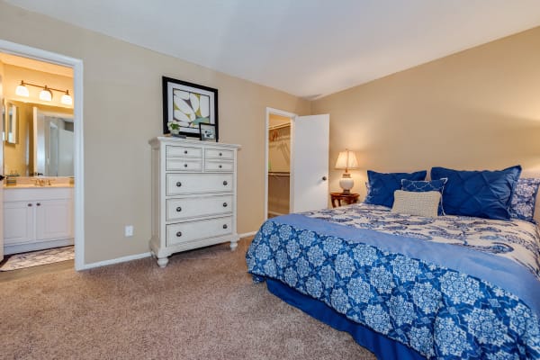 Model bedroom with private bathroom at Aurella Cary in Cary, North Carolina