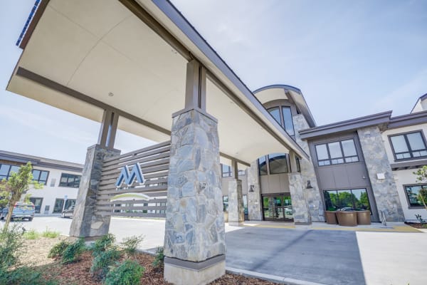 Rendering of the front entrance at Merrill Gardens at Brentwood in Brentwood, California. 