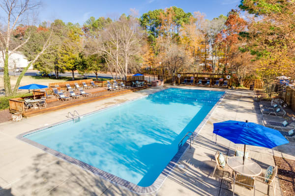 Swimming pool and sunny lounge chairs at Chesterfield Flats in North Chesterfield, Virginia
