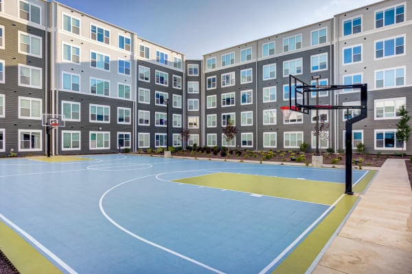 The community basketball court at The Banks in Coralville, Iowa
