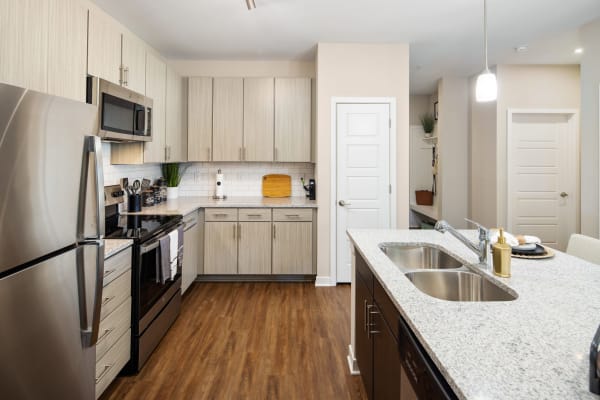 Stainless steel appliances in an apartment kitchen at The Alexandria in Madison, Alabama