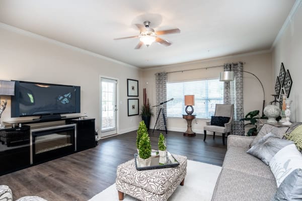 A comfortable, furnished apartment living room at Riverstone in Macon, Georgia