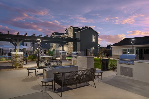 Pool area at dusk at Harmony at Hurley Farms in Tolleson, Arizona