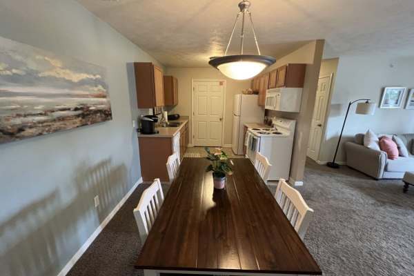 Retro-modern furniture and classic decor in a model home's living area at Parker's Landing in Portland, Michigan