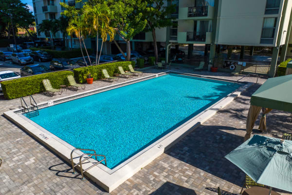 The community swimming pool with lounge seating beside it at Forest Place in North Miami, Florida