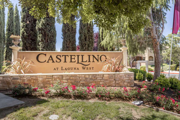 Exterior apartment sign at Castellino at Laguna West in Elk Grove, California