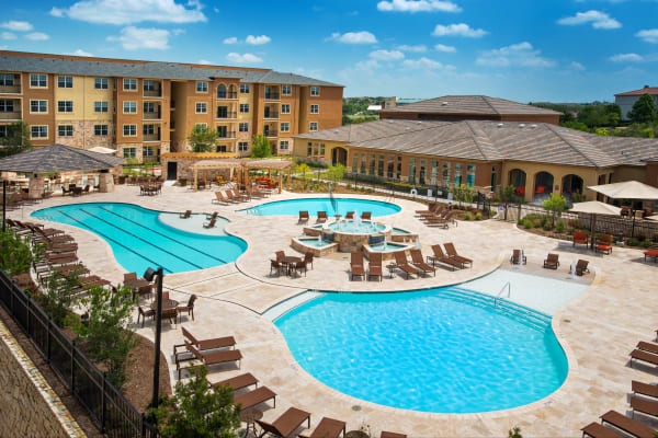 Aerial view of swimming pool at Villas in Westover Hills in San Antonio, Texas