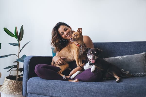 A woman sitting on her couch with her two dogs at Palmetto Place in Miami, Florida