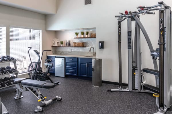 Gym with equipment at Austin Commons Apartments in Hayward, California
