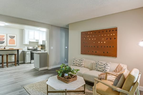 Mid-century modern living room at Austin Commons Apartments in Hayward, California