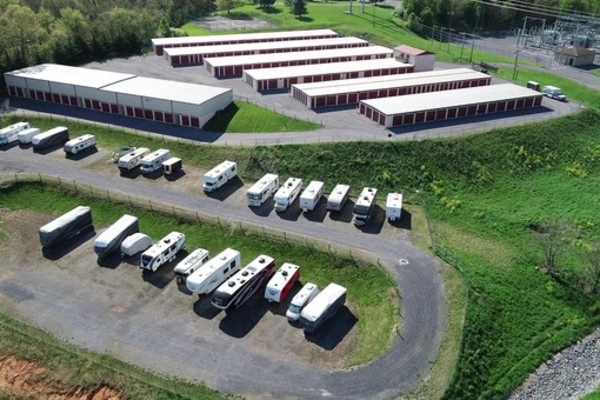 An aerial view of exterior units and RV parking spaces at Harrisonburg Self Storage in Harrisonburg, Virginia