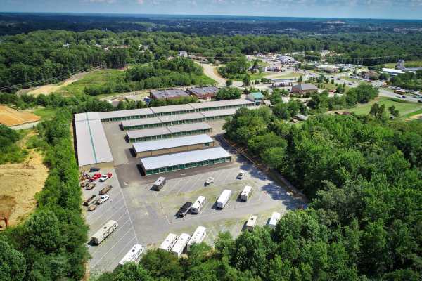 RVs parked in spaces at Falmouth Self Storage in Fredericksburg, Virginia