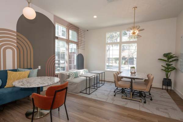 Living room with beautiful interiors and tables at Avalon in Davis, California